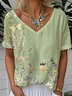 Crew Neck Linen Blend Gradient Pattern Casual Blouse