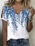 Women's Floral Print Pearl Button V-Neck Short Sleeve T-Shirt