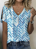 Women's Geometric Print Casual V-Neck Pearl Button T-Shirt