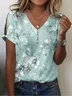Women's Floral Print Casual V-Neck Pearl Button T-Shirt