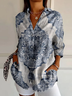 Women's Long Sleeve Shirt Spring/Fall Blue Floral Buckle Shirt Collar Daily Going Out Casual Top