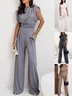 Women's Irregular Craftsmanship Plain Daily Going Out Two-Piece Set Khaki Casual Summer Top With Pants Matching Set