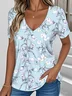 V Neck Casual Botanical Pattern Jersey T-Shirt