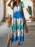 Women's Abstract Print Casual V-Neck Short Sleeve Slit Dress