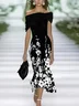 Women's Cap Sleeve Summer Black Floral Printing Cold Shoulder Daily Going Out Vintage Maxi H-Line Dress