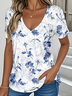 Cotton Casual Floral V Neck T-Shirt