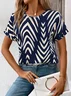 Women's Short Sleeve T-shirt Summer Purplish blue Striped Printing Crew Neck Daily Going Out Casual Top