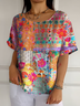 Crew Neck Geometric Cotton-Blend Casual T-Shirt