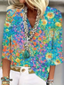 Women's Three Quarter Sleeve Blouse Spring/Fall Blue Floral Printing V Neck Daily Going Out Casual Top