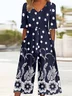 V Neck Vintage Gradient Pattern Loose Jumpsuit