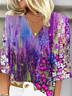 Women's Three Quarter Sleeve Blouse Spring/Fall Purple Floral Printing V Neck Daily Going Out Casual Top