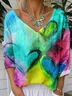 Loose V Neck Casual Ombre T-Shirt
