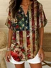 Women's Independence Day Floral Print Casual V-Neck Short Sleeve Shirt