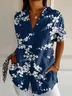 Women's Short Sleeve Shirt Summer Deep Blue Floral Printing Shirt Collar Daily Going Out Casual Top