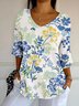 Women's Vintage Botanical Flower Art Print Casual Mid-Sleeve T-Shirt