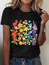 Womens Cotton Floral Crew Neck T Shirts Cotton T-Shirt