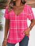 Loose Simple V Neck Plaid T-Shirt