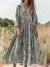 Women's Wildflower Art Print Crew Neck Pocket Cotton Dress