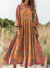 Women's Retro Ethnic Totem Printed Flowy Cotton Crew Neck Dress