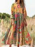 Women's Bohemian Floral Print Flowy Cotton Crew Neck Dress