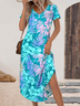 Women's V-neck short-sleeved side-slit long skirt