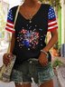 Women's American Flag Fireworks Print V-Neck Cotton Blend Short Sleeve T-Shirt