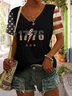 Women's 1776 American Flag Print V-Neck Cotton Blend Short Sleeve T-Shirt