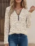 Casual V Neck Zipper Cotton-Blend T-Shirt
