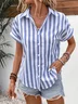 Women's Short Sleeve Shirt Summer Blue Striped Printing Shirt Collar Daily Going Out Casual Top