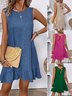 Cotton Plain Simple Crew Neck Dress With No