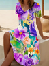Women's Short Sleeve Summer Purple Floral Printing V Neck Daily Going Out Casual Midi A-Line Fit & Flare Dress Dress