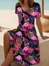 Women's Short Sleeve Summer Black Flamingo Printing V Neck Daily Going Out Casual Midi A-Line Fit & Flare Dress Dress