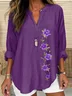 Women's Long Sleeve Blouse Spring/Fall Purple Floral Printing Cotton-Blend V Neck Daily Going Out Casual Top