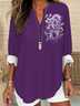 Women's Long Sleeve Blouse Spring/Fall Purple Floral Printing Cotton-Blend V Neck Daily Going Out Casual Top