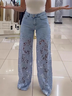 High waist wide leg pants for women fashionable temperament versatile hollow lace splicing denim drape pants