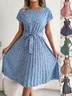 Women's Short Sleeve Summer Light Blue Floral Split Joint Crew Neck Daily Going Out Vintage Midi A-Line Pleated Dress
