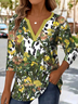 Printed Commuter V-Neck Long Sleeve Chrysanthemum Floral T-Shirt