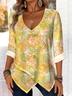 Printed Commuter V-Neck Long Sleeve Chrysanthemum Floral T-Shirt