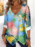 Printed Commuter V-Neck Long Sleeve Chrysanthemum Floral T-Shirt