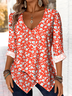 Printed Commuter V-Neck Long Sleeve Chrysanthemum Floral T-Shirt