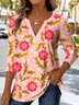 Retro Ethnic Pattern V-Neck Pointed Hem Sun Print Long Sleeve T-Shirt