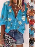 Women's Three Quarter Sleeve Shirt Spring/Fall Blue Floral Printing Stand Collar Balloon Sleeve Daily Going Out Casual Top