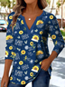 Ethnic Pattern V-Neck Pointed Hem Sunflower Print Long-Sleeved T-Shirt