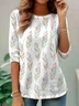 Simple Ethnic Pattern Print Round Neck Long Sleeve T-Shirt