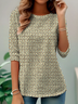 Ethnic Pattern Early Autumn Oak Leaf Print Round Neck Long Sleeve T-Shirt