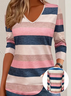 Women's Long Sleeve T-shirt Spring/Fall Pink Striped Printing Jersey V Neck Daily Going Out Casual Top
