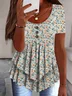 Temperament And Elegance Three-Button Casual Fake Two-Piece Printed Short-Sleeved Top