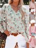 Women's Long Sleeve Shirt Spring/Fall Green Floral Split Joint V Neck Balloon Sleeve Daily Going Out Casual Top