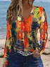 Women's Long Sleeve T-shirt Spring/Fall Orange Abstract Printing Jersey V Neck Daily Going Out Casual Top