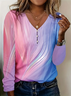 Women's Abstract Print Casual Pearl Button V-Neck Long Sleeve T-Shirt
